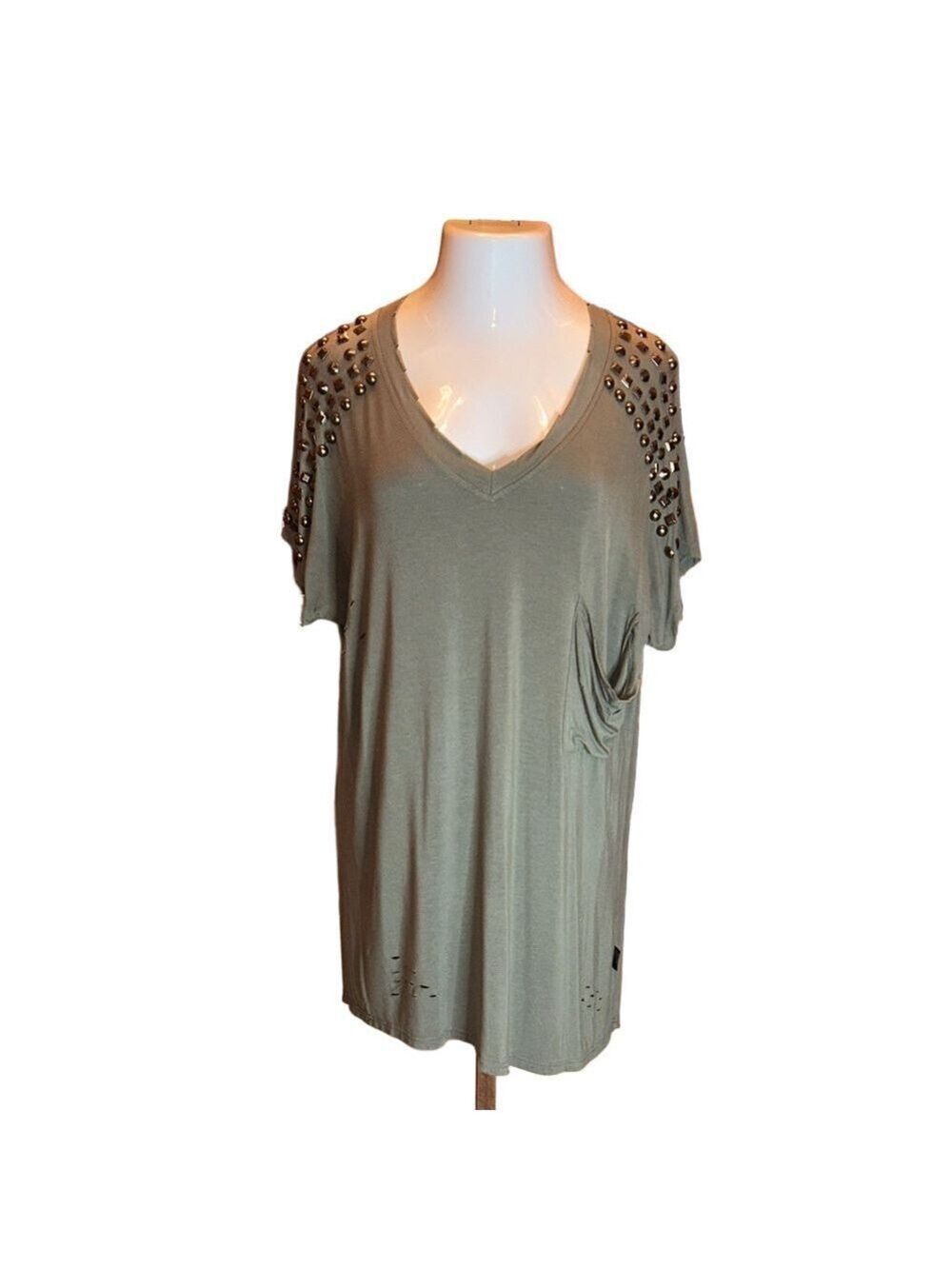 ANTHROPOLOGIE’S “POL” Army Green Distressed Tee Dress w/ Stud Decor Size M
